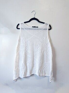 White Cotton Floral Crochet Boat Neck Tank Top Size L